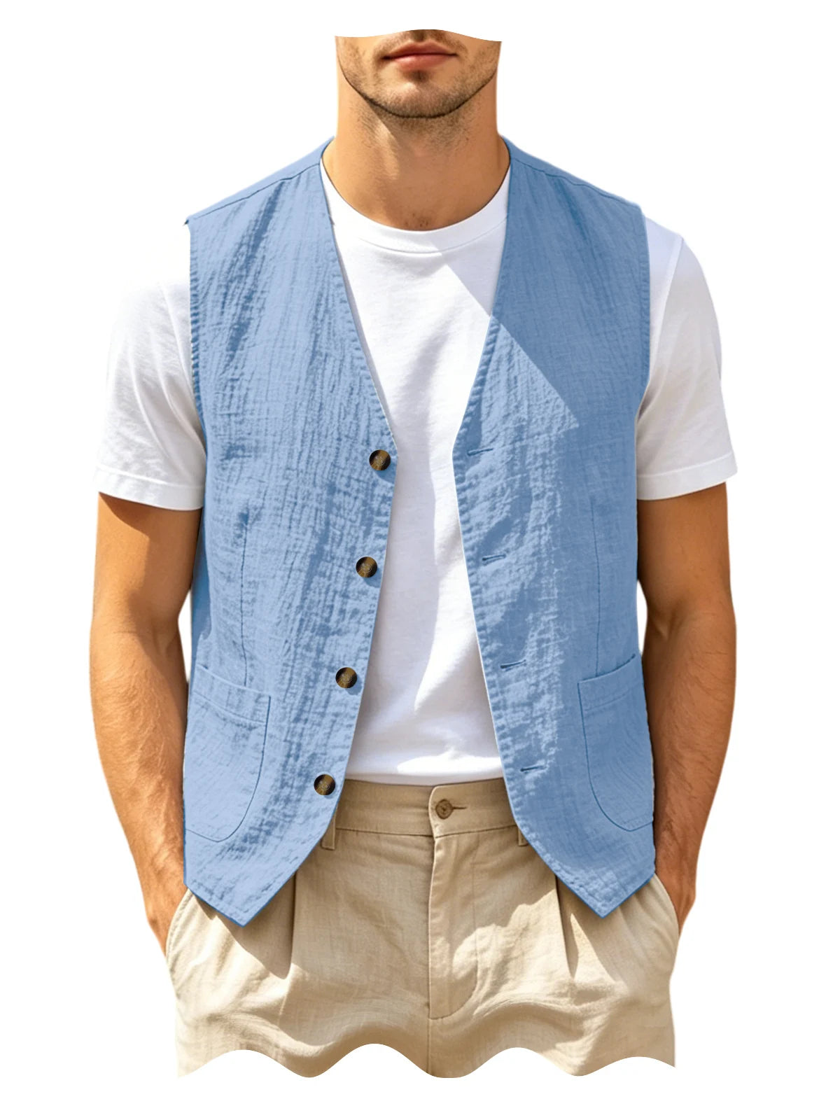 Men's Casual Linen Vest V-Neck Sleeveless Waistcoat Summer Lightweight Breathable Solid Color Button Up Vest For Daily Vacation