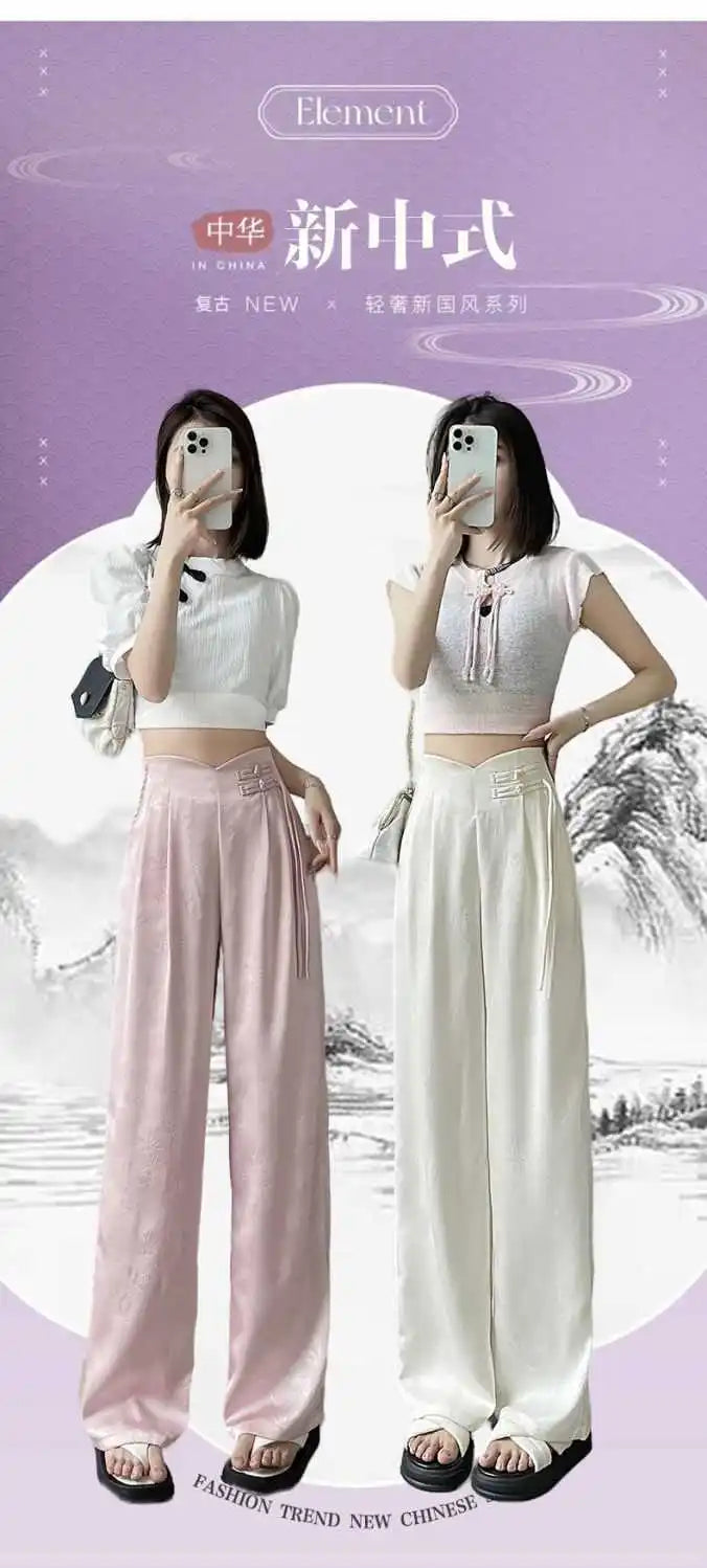 High Waist Loose Straight Pants with Button Knot Pocket New Chinese Style Satin Wide Leg Pants Spring Summer Trousers Pink Black