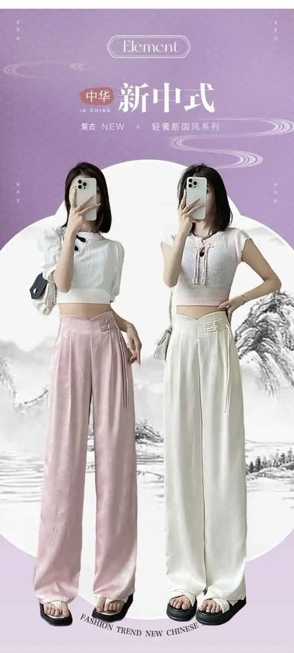 High Waist Loose Straight Pants with Button Knot Pocket New Chinese Style Satin Wide Leg Pants Spring Summer Trousers Pink Black
