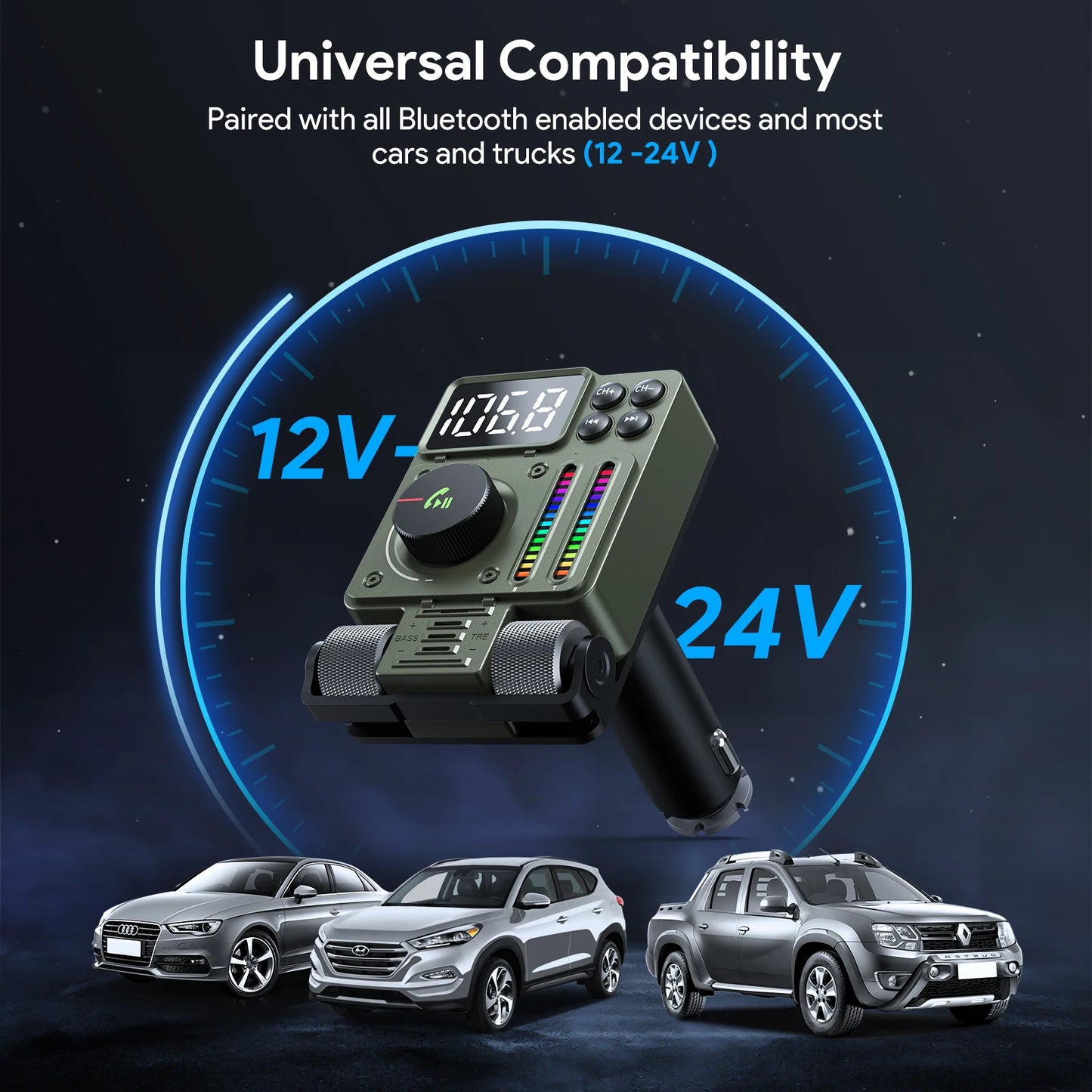 LENCENT Bluetooth 5.3 FM Transmitter for Car Adjustable Treble and Bass Sound Music Player Supports PD30W Fast Charging Car Kit