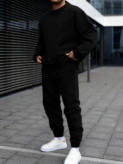 Autumn Man Sweatshirt Set Fleece Casual Solid Color Two-piece set Fashion Crewneck Sweatshirts Street Soft Sweatpants