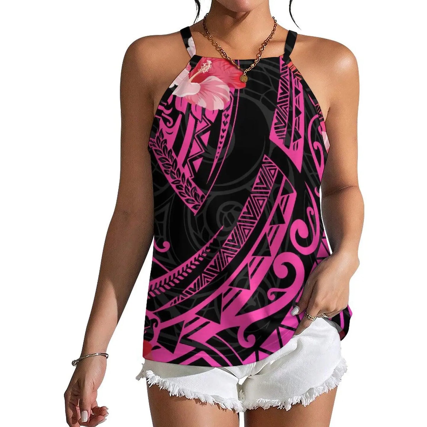 Custom Wholesale Women Summer Halter Everyday Casual Wear Polynesian Style Fiji Island Print Custom Design Strapper Vest