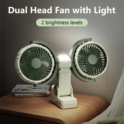 Hipacool Car Clip Dual Head Fan 360° Rotatable 4000mAh 3-Speeds Two Light Modes USB Rechargeable Desktop Cooling Air Fan