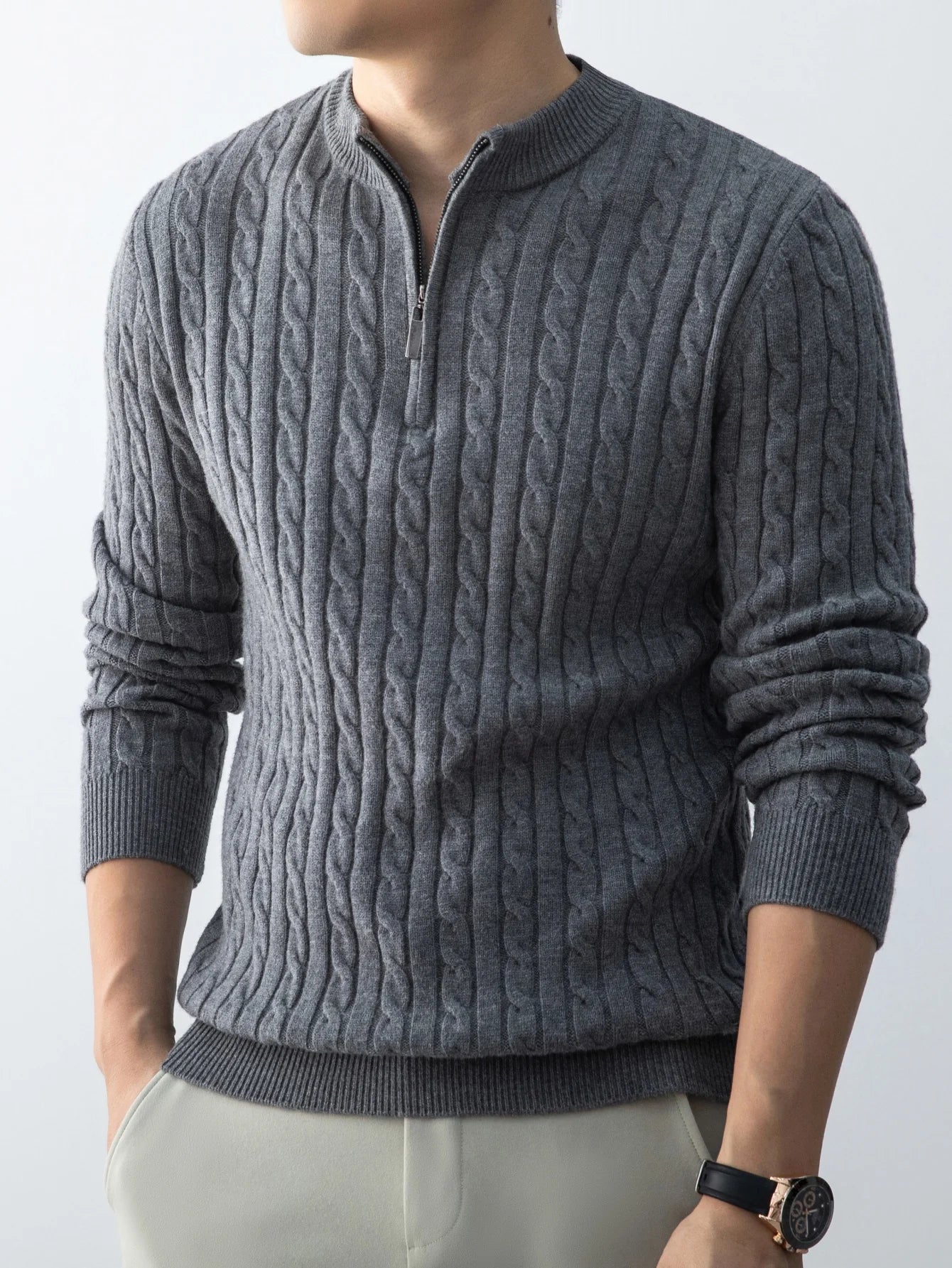 Autumn Winter For Men's Twisted Sweater Wool Knitted  Half Open Zipper Half High School Round Neck Stand-up Collar Thickened Top