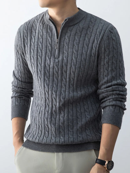 Autumn Winter For Men's Twisted Sweater Wool Knitted  Half Open Zipper Half High School Round Neck Stand-up Collar Thickened Top