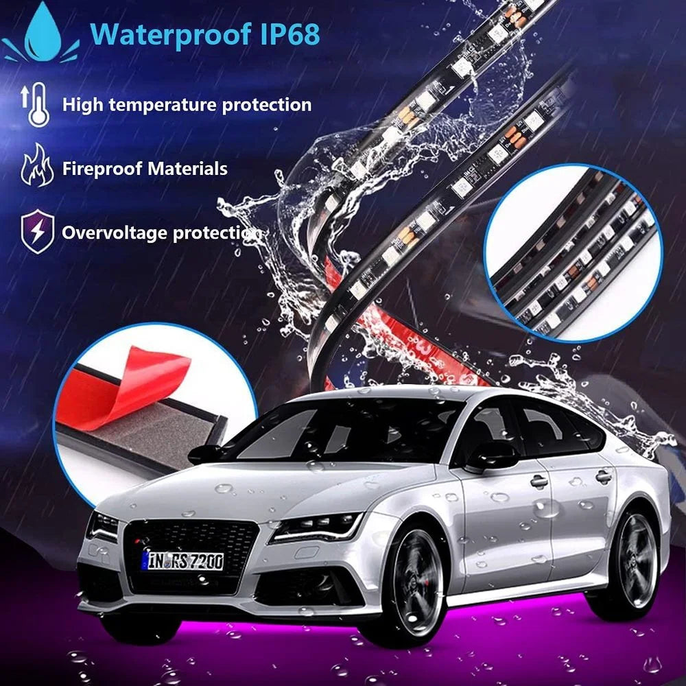 Neon LED Car Bottom Underglow Strip Lights Bar with Remote APP 16 Million Color Music DIY RGB Exterior Underbody Light 120x150cm