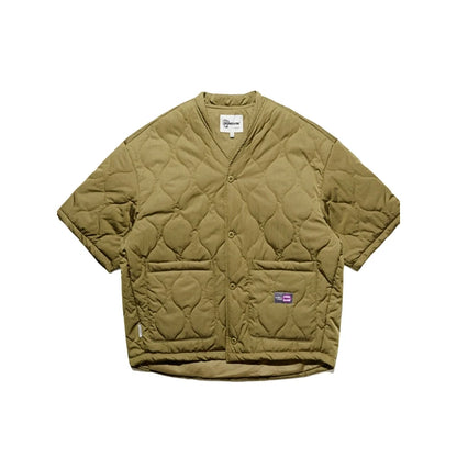 Autumn Winter Japanese Streetwear Half Sleeve Padded Jacket Harajuku Casual Mens Jacket Harajuku Thick Trendy V-Neck Coat Male