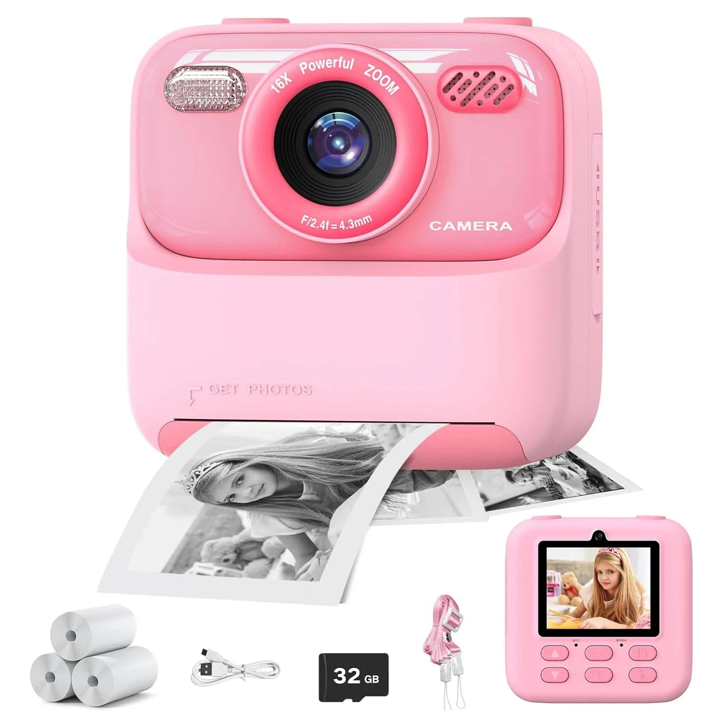 Upgrade Kids Camera Instant 1080P HD Dual Lens Selfie Digital Camera for Girls Boys Christmas Birthday Gifts Toys With 32G Print
