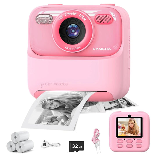Upgrade Kids Camera Instant 1080P HD Dual Lens Selfie Digital Camera for Girls Boys Christmas Birthday Gifts Toys With 32G Print