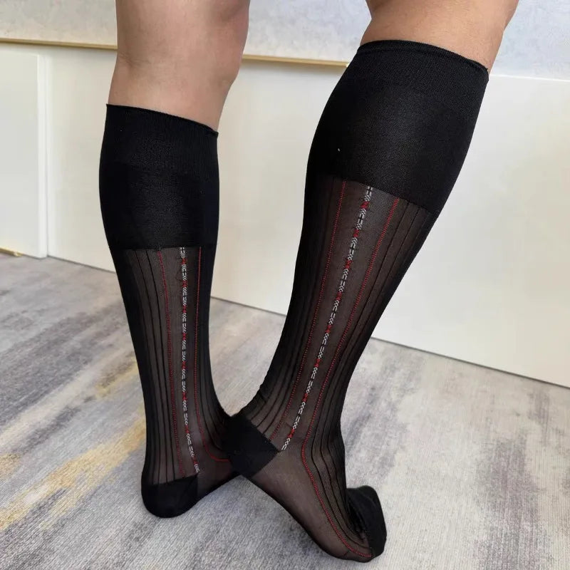 Men's Knee High Formal Socks Long Gentleman Stockings Soft Elastic Nylon Business Dress Socks for All Seasons Solid Color Party