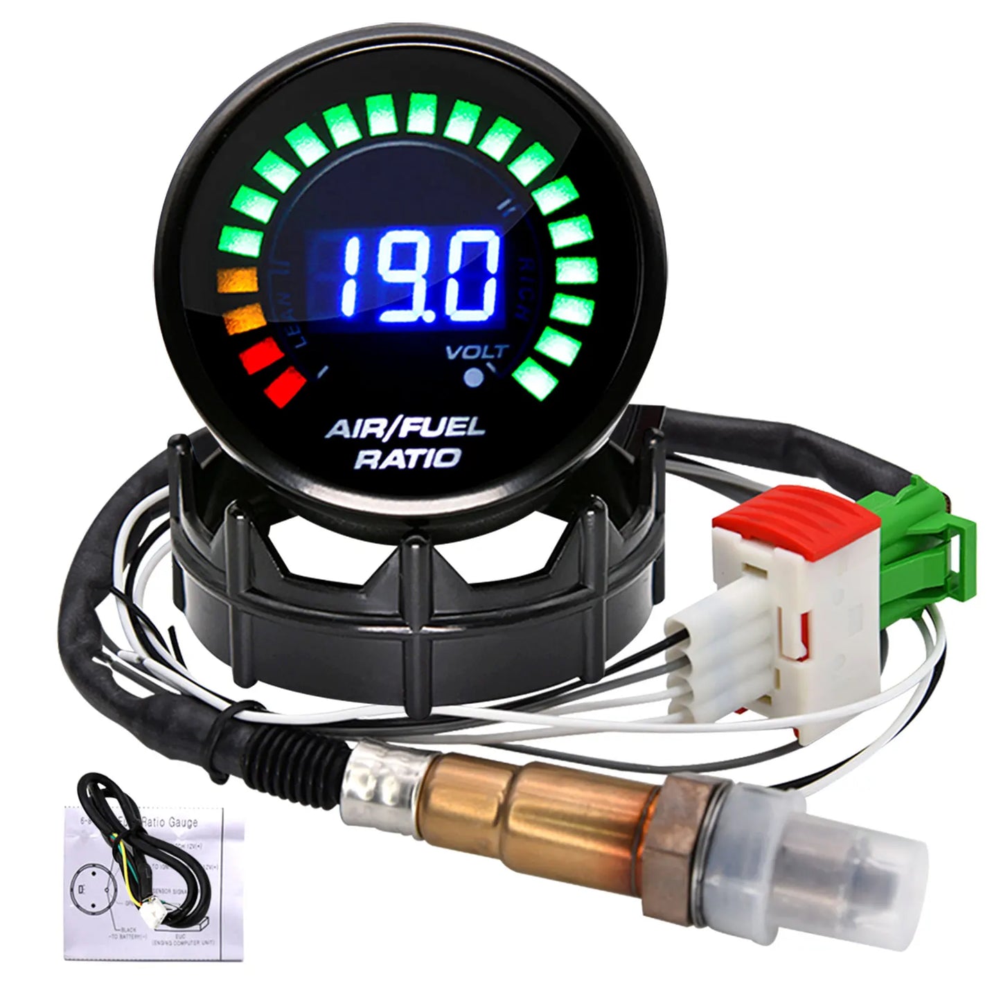 AD 52mm Air Fuel Ratio Gauge Voltmeter AFR Meter 2 In 1 Gauge with Narrowband O2 Oxygen Sensor Car Gauge Fit For 12V Racing Car