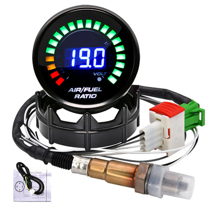 AD 52mm Air Fuel Ratio Gauge Voltmeter AFR Meter 2 In 1 Gauge with Narrowband O2 Oxygen Sensor Car Gauge Fit For 12V Racing Car