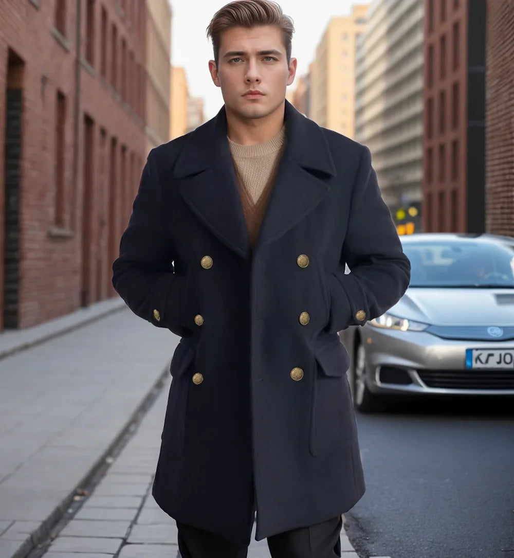 Business Green Men Tweed Jacket Trench Coat Party Mid-length Overcoat Double-breasted Spring Autumn Coat Design Men's Clothing