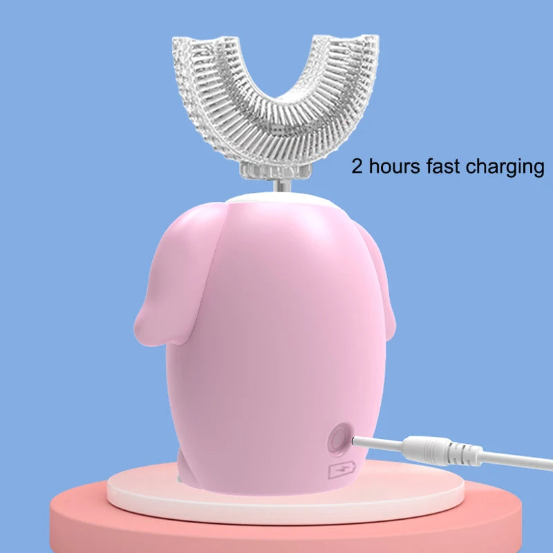 Children's Sonic Electric Toothbrush USB Rechargeable for Kids U-shaped 360Degrees Automatic Silicone Toothbrush Blue Light IPX7