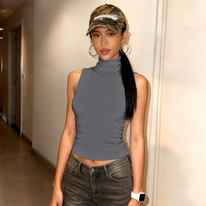 Women's Sexy Turtleneck Backless Tank Top 2026 Summer Fashion Solid Color Skinny Sleeveless T-Shirt Female Streetwear Crop Top