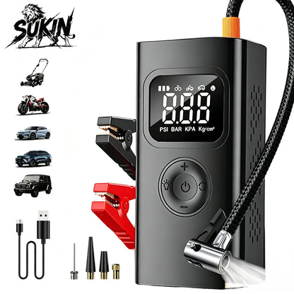 SUKIN 12V Booster Jump Starter for Petrol Diesel Car 4IN1 Portable Jump Starter Power Pack with 150PSI Air Pump & Light/USB Port