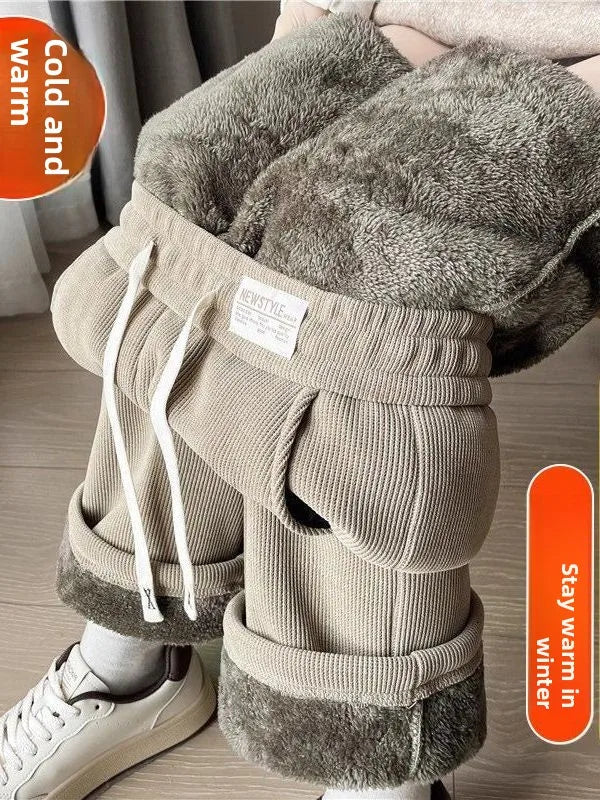 Thickened Fleece Warm Lamb Velvet Wide Leg Pants Straight Cut Winter plus Size Women's Clothing High Waist Casual Trousers