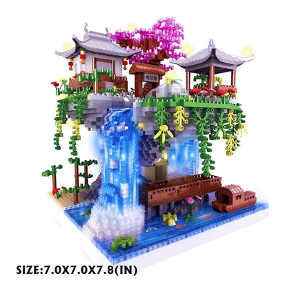 MOC Mini Building Block Set Peach Blossom Pool Chinese Architecture Cherry Bonsai Japanese Cherry Tree House Lantern Gift Toy