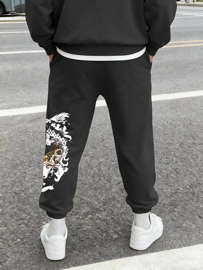Men's Streetwear Traditional Chinese White Tiger Koi Fish Print Sweatpants Elastic Waist Soft Asian Hip Hop Daily Joggers