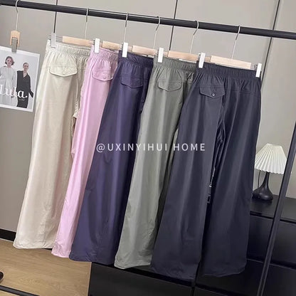 Lightweight Breathable Quick-Dry Paratrooper Pants Women's Casual Loose Fit Sunscreen Waist Cord Trousers Korean Style High W...
