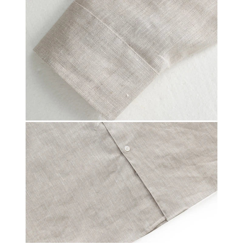 100% Linen Long Sleeve Shirt for Men Stand Up Collar Summer Loose Fit Solid Color Casual Formal Wear