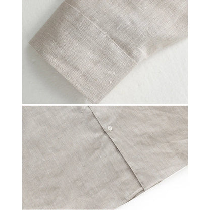 100% Linen Long Sleeve Shirt for Men Stand Up Collar Summer Loose Fit Solid Color Casual Formal Wear