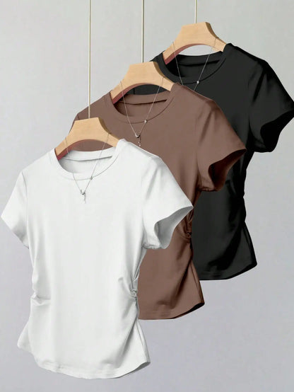 Women 3 Pack Solid Color T-Shirt Casual Ruched Side Crew Neck Short Sleeve Slim Fit Top Set