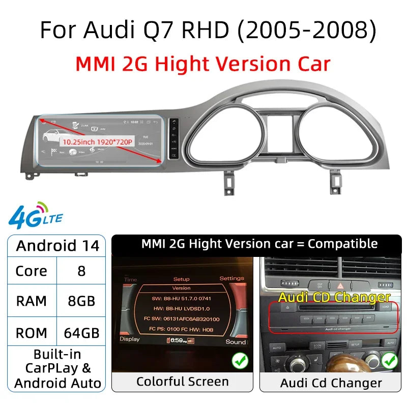 Android 14 Car Multimedia Player CarPlay For Audi Q7 4L RHD GPS Navigation Auto Radio Stereo DSP WIFI