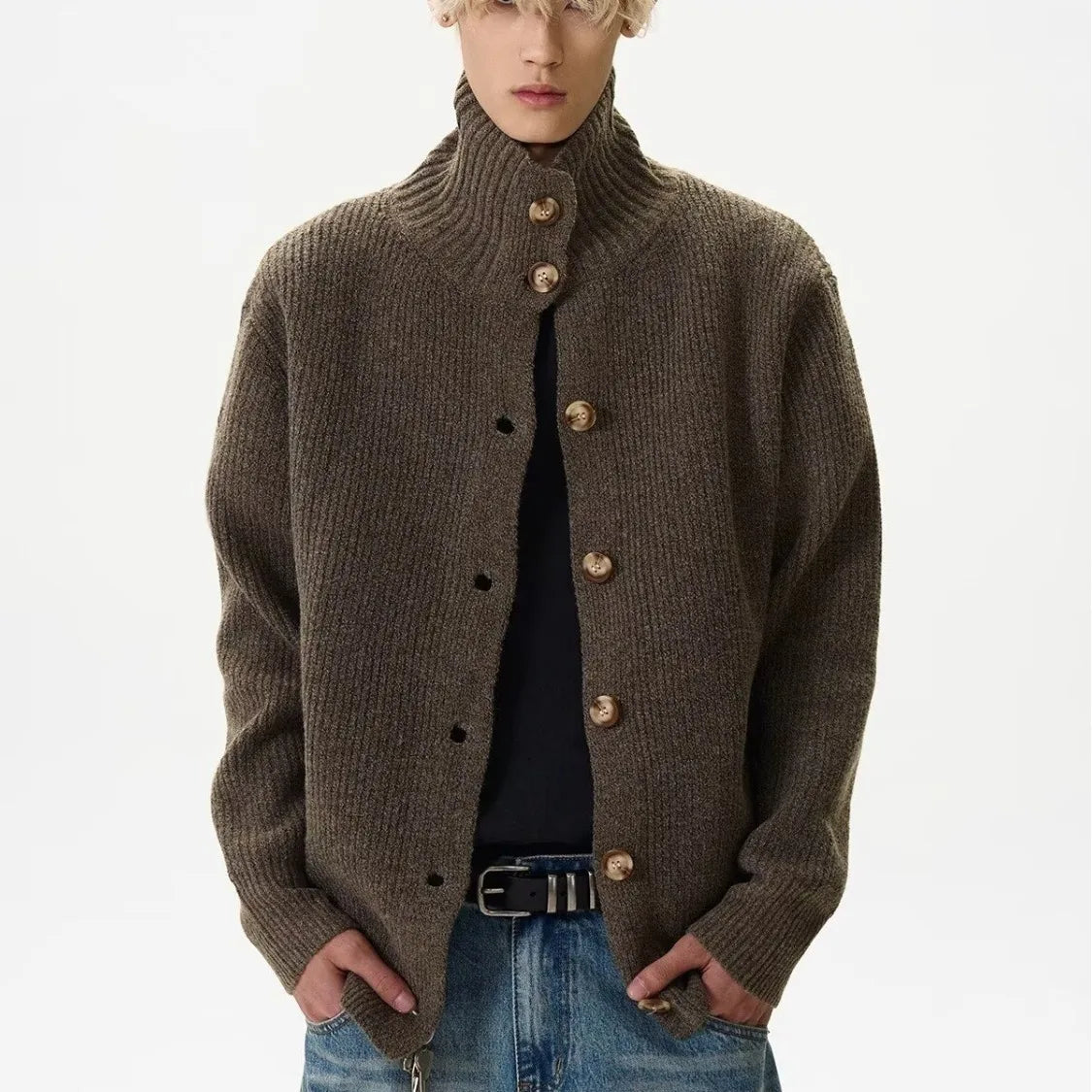 2025 autumn and winter new American retro solid color stand up collar knitted cardigan men's loose button fashionable versatile