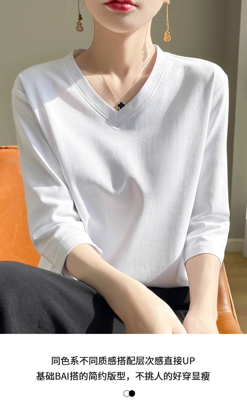 Spring And Summer New White Mercerized Cotton Cropped Sleeve T-shirt Feminine Joker 100% Cotton Bottoming Shirt Half Sleeve