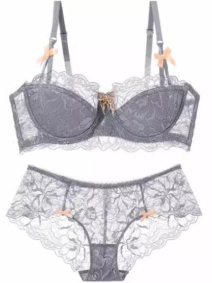 Sexy French Lace Push Up Bra Set for Small Chest, Anti Sagging Half Cup Demi Bra & Panty Lingerie Set, Sheer Adjustable Straps