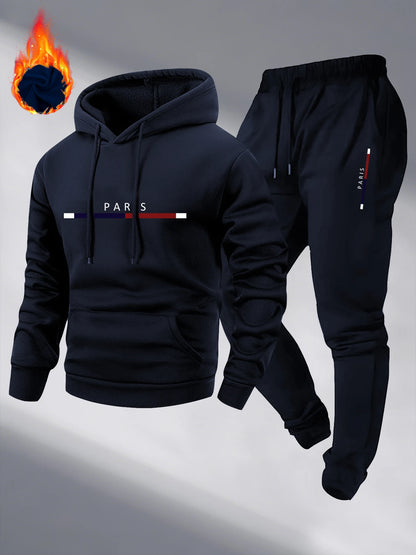 Men Hooded Tracksuit Winter Casual Thick Loose Plus Size Paris Letter Print fleece warm pullover long sleeved hooded sweatshirt