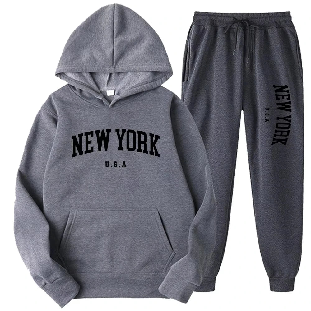 New York Print Hoodies Casual American Style Hoodie Set Mens Autumn Long Sleeves Hooded Loose Pullover Street Sweatshirt