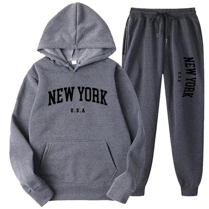 New York Print Hoodies Casual American Style Hoodie Set Mens Autumn Long Sleeves Hooded Loose Pullover Street Sweatshirt