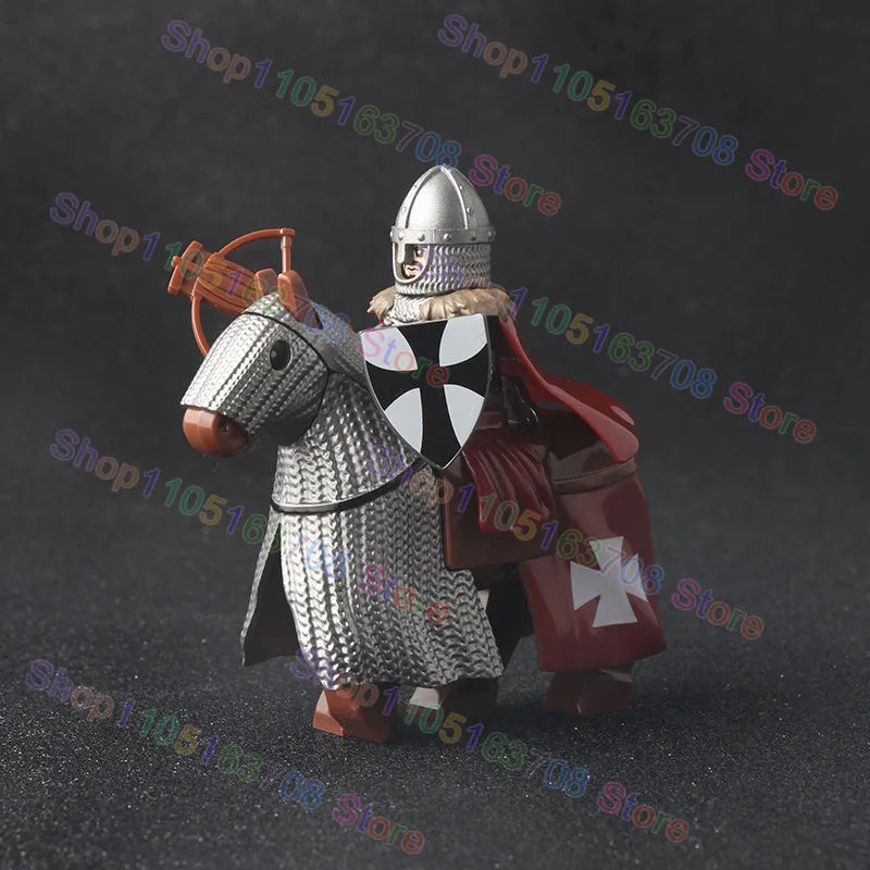 MOC Medieval Military Crusader Knight Building Blocks Castle Army Soldier Figure Horse Mount Shield Sword Accessories Bricks Toy