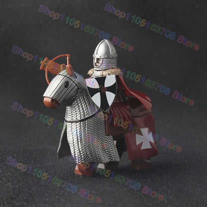 MOC Medieval Military Crusader Knight Building Blocks Castle Army Soldier Figure Horse Mount Shield Sword Accessories Bricks Toy