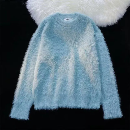 Winter faux mink fur soft and sticky solid color sweater with a high-end feel, men's and women's long sleeved warm round neck kn