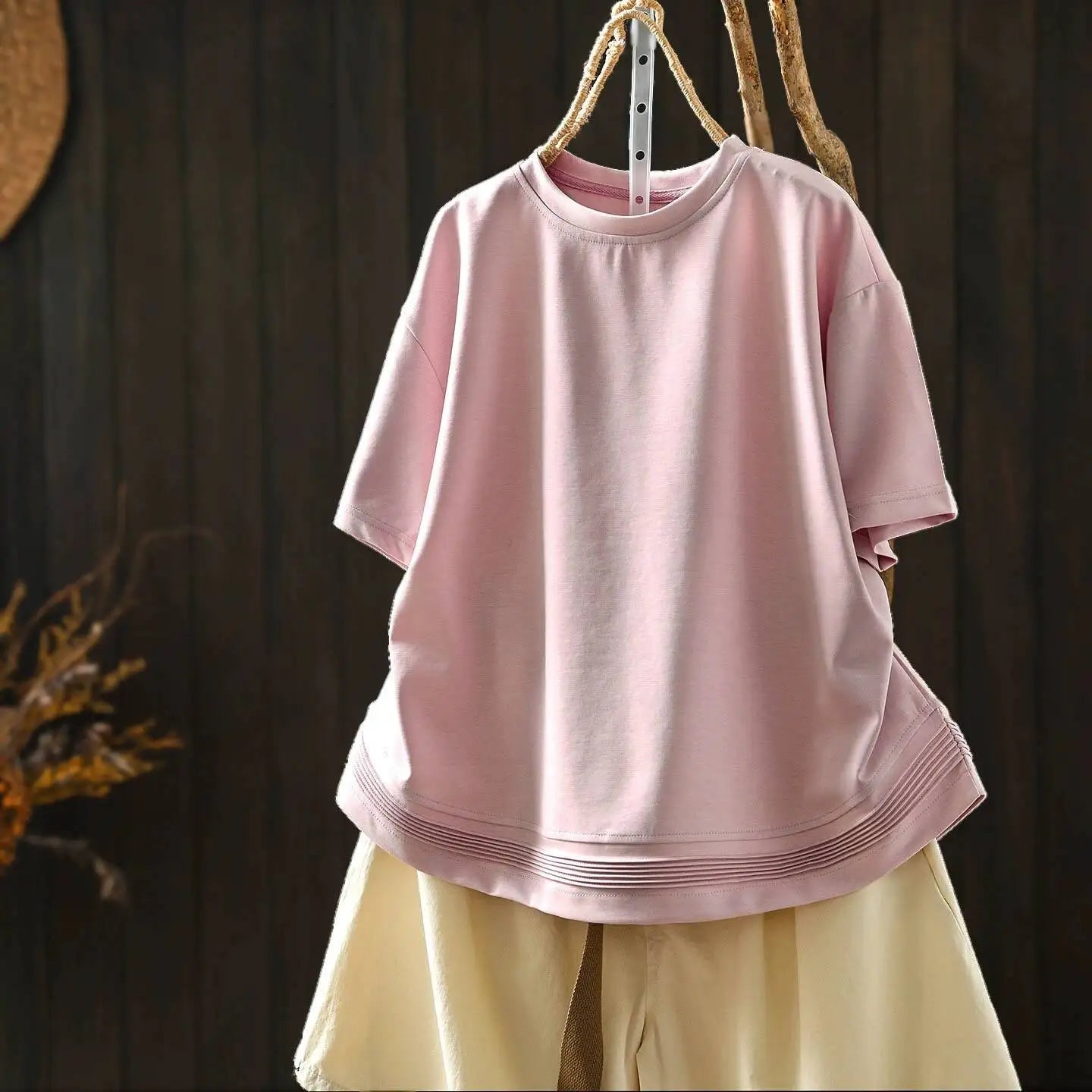 Pink Short-sleeve Women Top 2026 Stylish Summer New Design Pleated Hem Loose T-shirt ZF2158