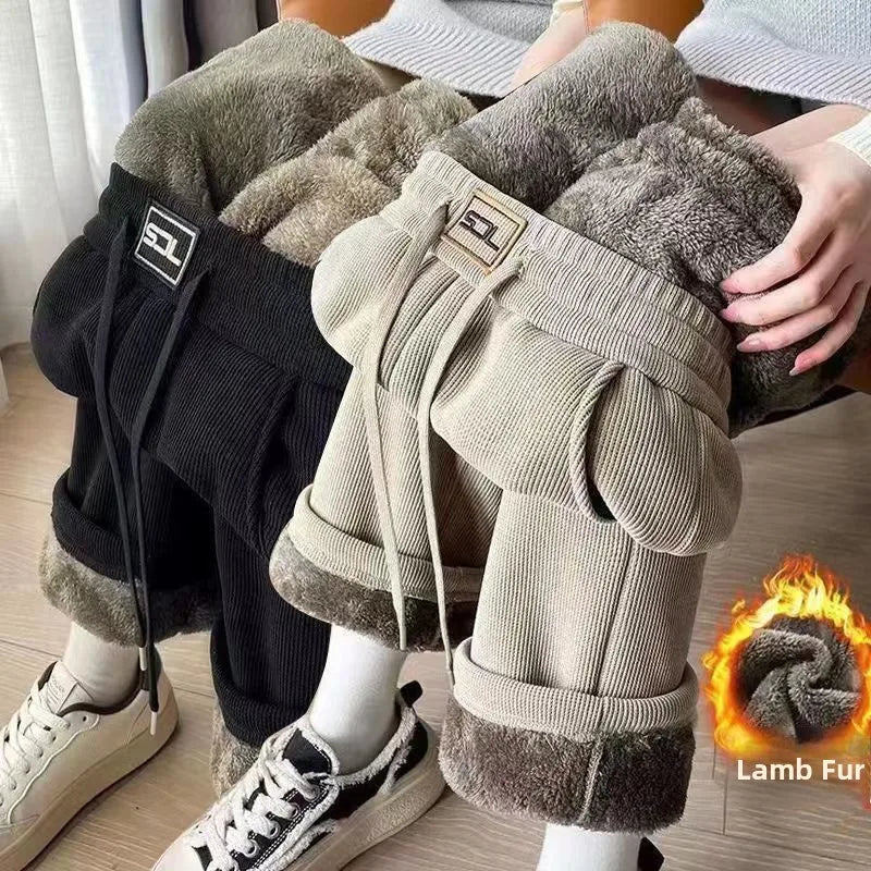 Women's Fleece Lined Thick Wide Leg Pants Loose Straight Cut Autumn Winter New Style plus Size Elegant Warm Casual Trousers