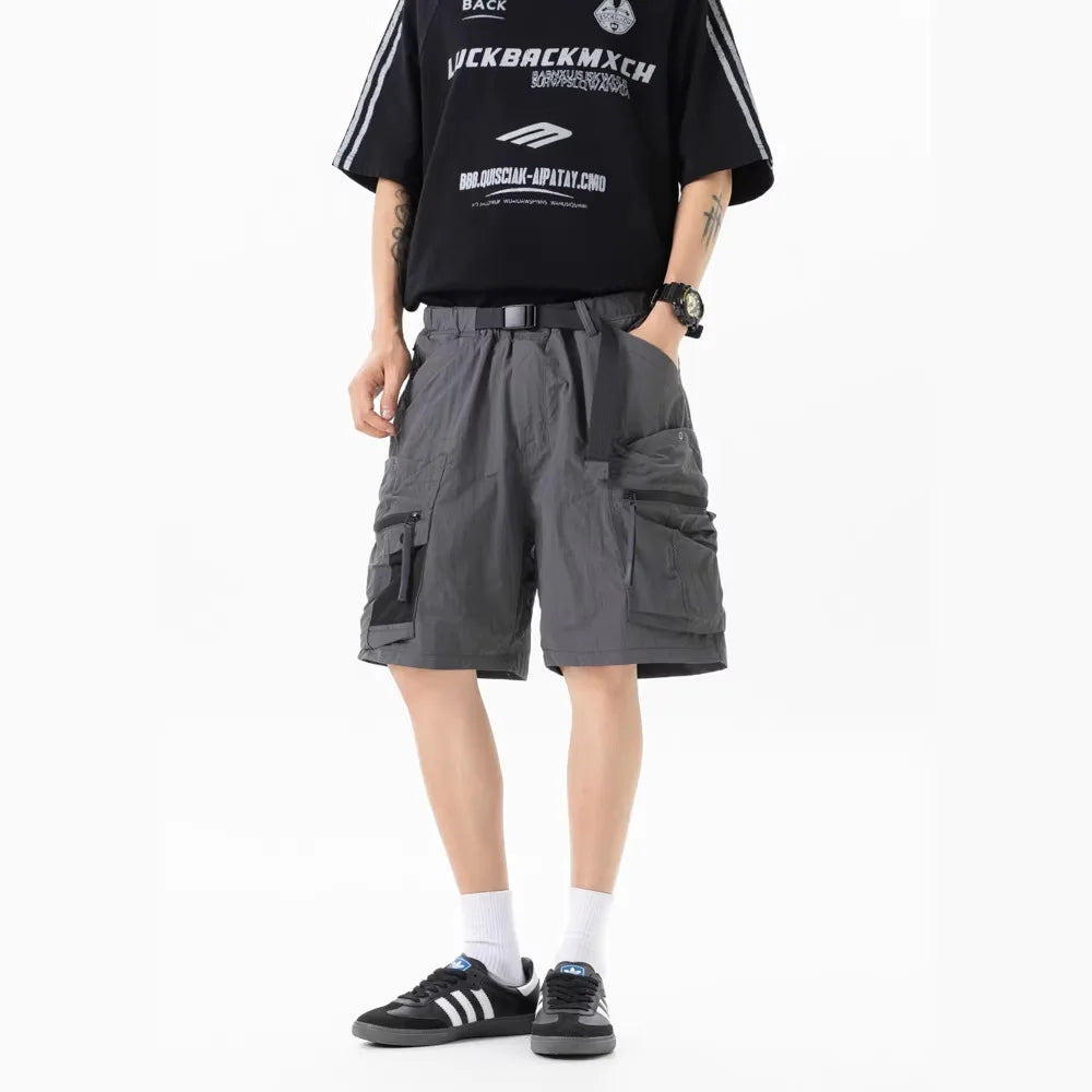 American Oversized Men's Workwear Cargo Shorts Summer Loose Casual Big Zipper Pocket Tactical Shorts Men Retro Five-Point Pants
