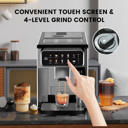 Mcilpoog AM7203 Automatic Espresso Machine ，Built-In Milk Frother & Tank, 7 Coffee Varieties, Touchscreen