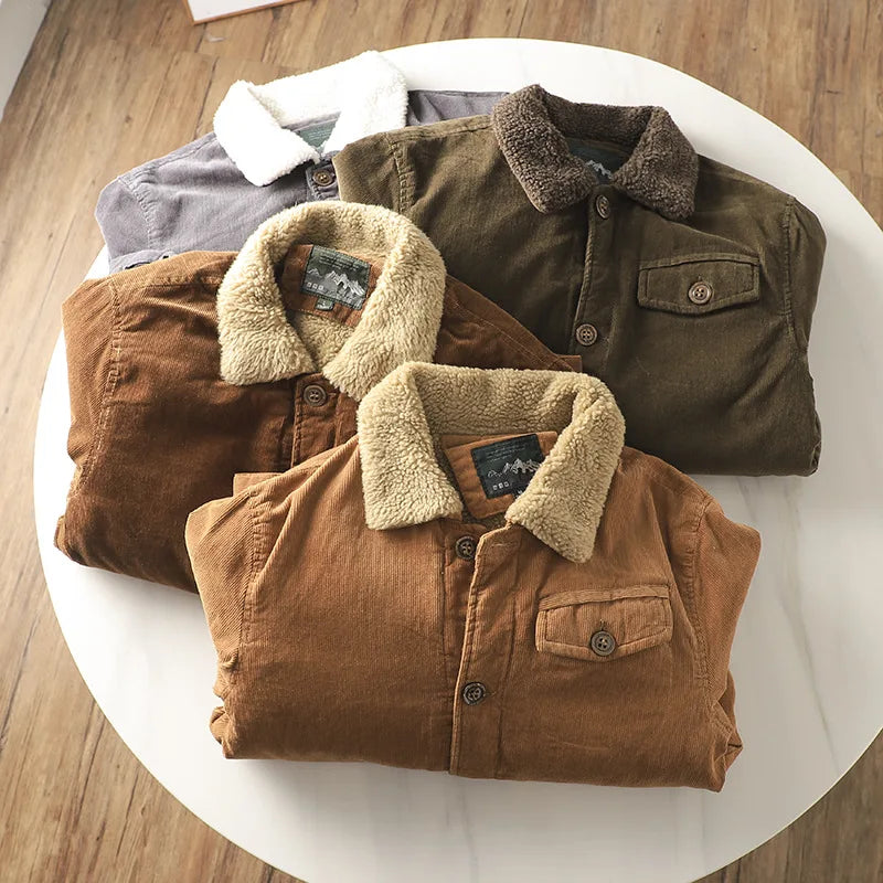 Army Green Mountain Cargo Jacket Autumn Winter New Parka Men's Wool Warm Thick Parkas Men's Fashion Punk Fur Collar Corduroy