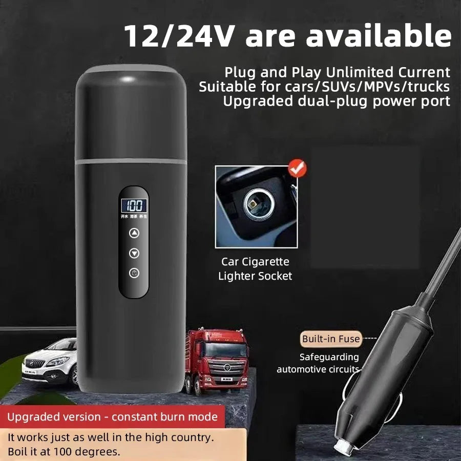500ml Electric Kettle Portable Car Heating Cup 12V/24V Touch Screen Intelligent Temperature Adjustment Travel Thermal Kettle