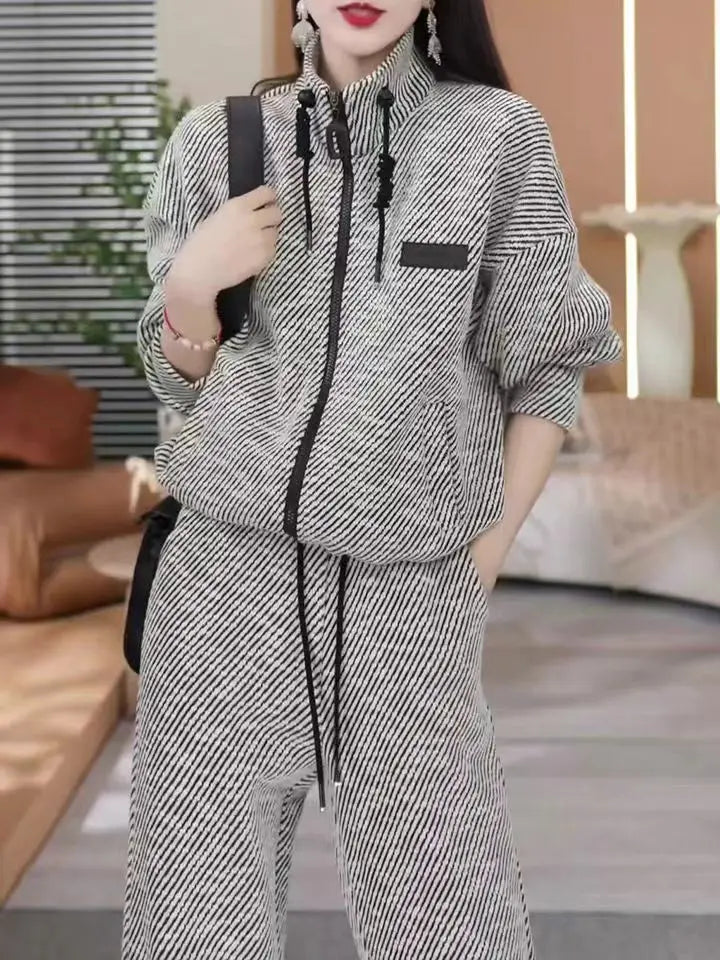 Fashion Casual Striped Top Sports Two-piece Set for Women's Spring and Autumn New Style Loose and Slim Wide Leg Pants Set