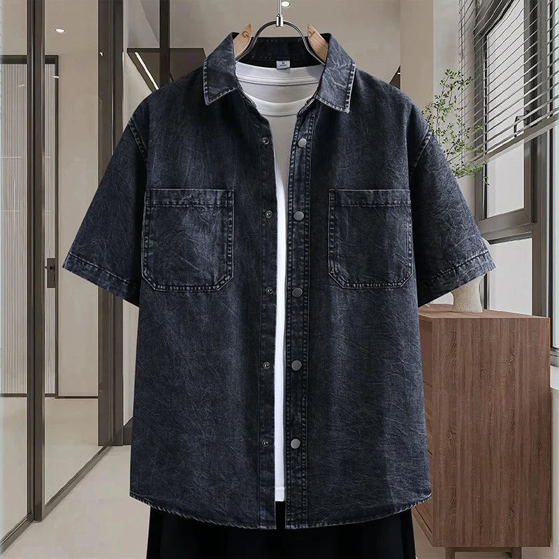 Men's Thin Denim Shirt New Summer Fashion Breathable Cotton Blend Casual Short Sleeve Shirt Solid Color Daily Commute Streetwear