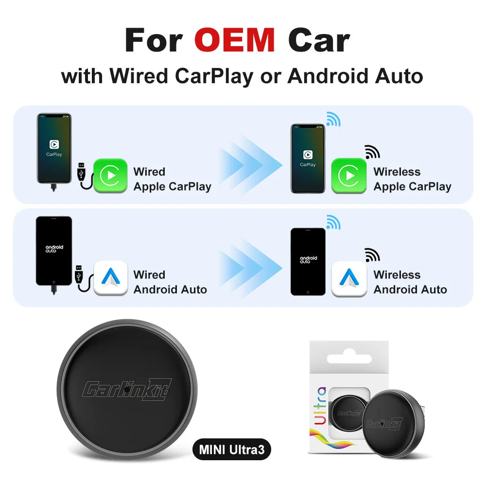 CarlinKit Mini Ultra 3 Wireless CarPlay & Android Auto Adapter Wired To Wireless USB Dongle Plug and Play Fast Auto Connection