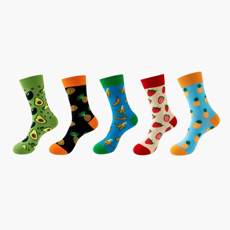 5 Pairs Fruit Print Socks Mid-Calf Funny Food Design Pineapple Watermelon Cotton Socks for Men Women Couple EU 37-45 US 6-12