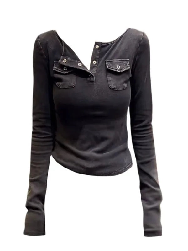plus Size American Style V-Neck Long Sleeve Women's T-Shirt Slim Fit Base Layer Shirt Autumn New Style Pocket Design Top