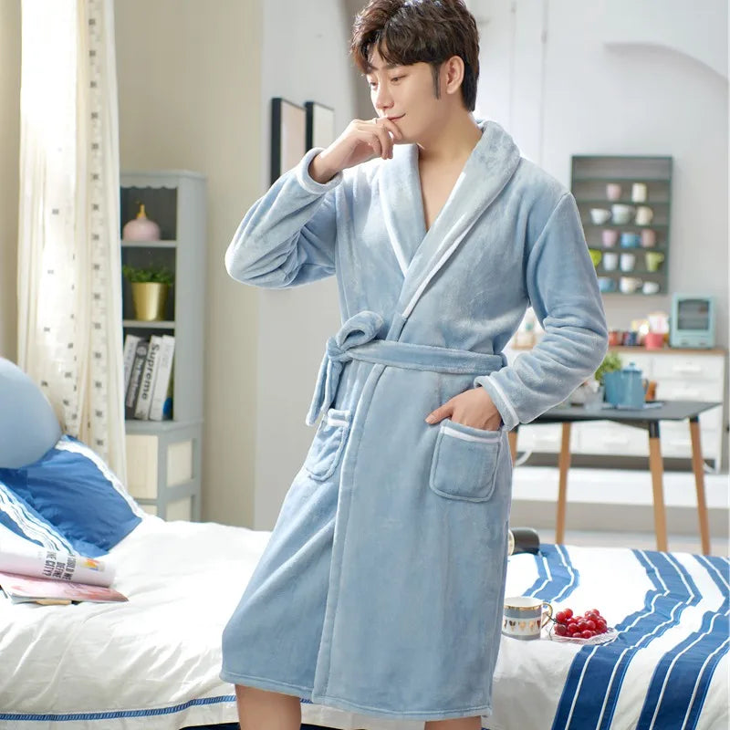 Thickened Flannel Sleepwear Coat for Men And Women Warm Winter Coral Velvet Robe Couple Home Clothes Mid-Length Bath Robe