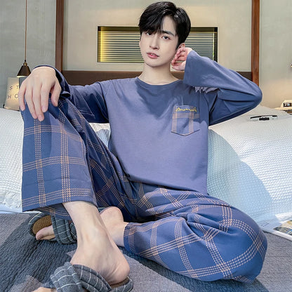 Soft Cotton Pajamas Autumn Men's Plaid Sleepwear Big Yards L-4XL Pajama Sets Casual Sleep&Lounge Pyjamas Pijamas Hombre